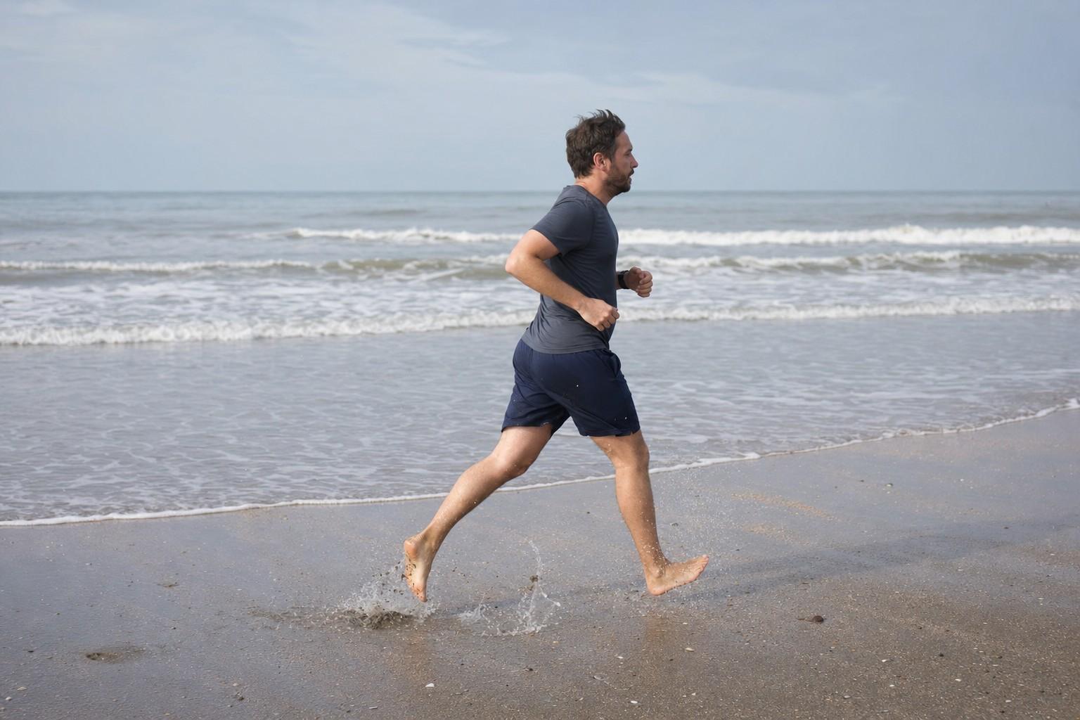 A runner running barefoot along firm beach sand near the water