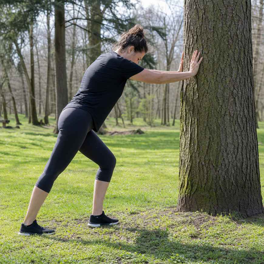 A person doing a standing calf stretch against a tree in a park
