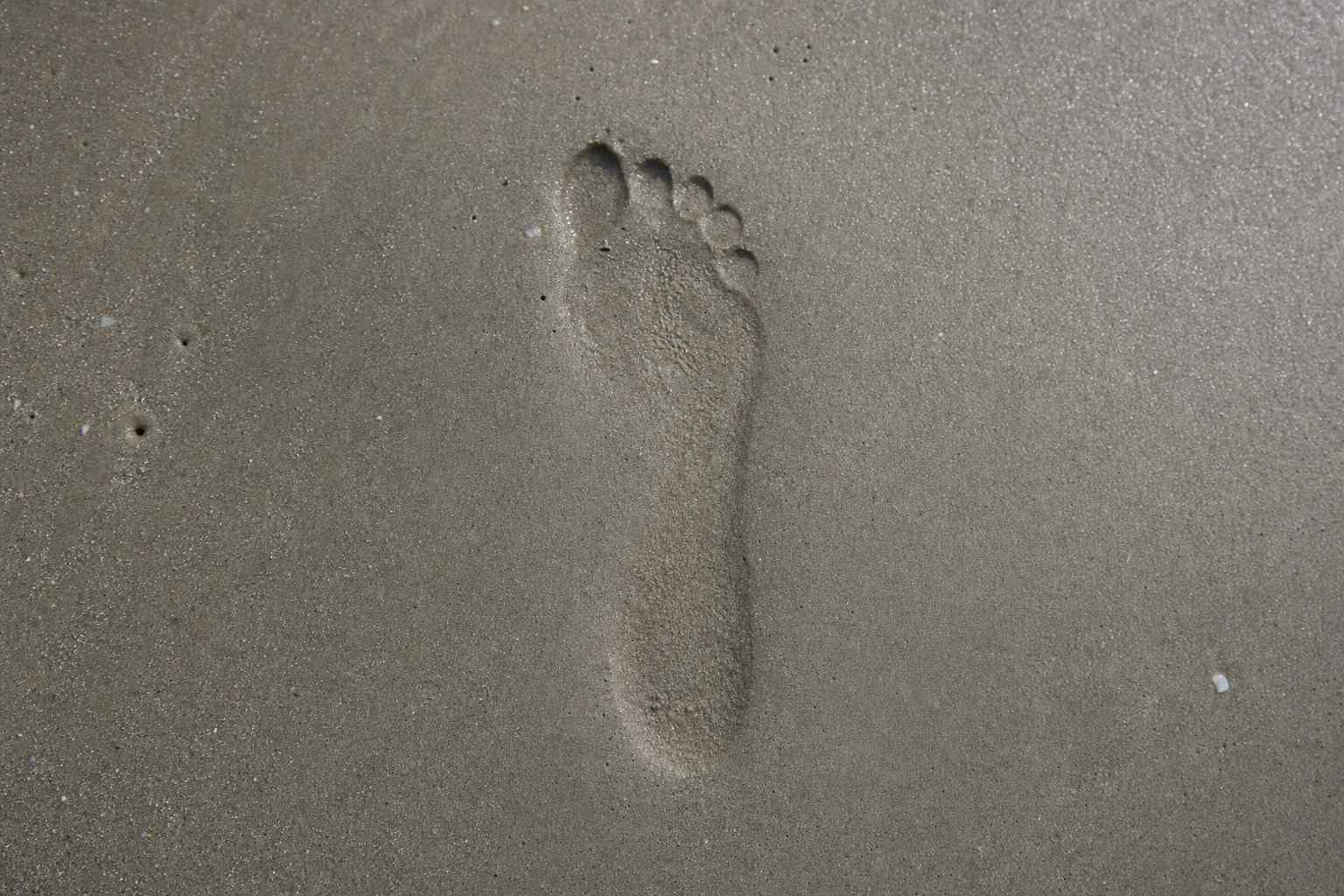 A single bare footprint pressed into smooth wet beach sand, seen from above