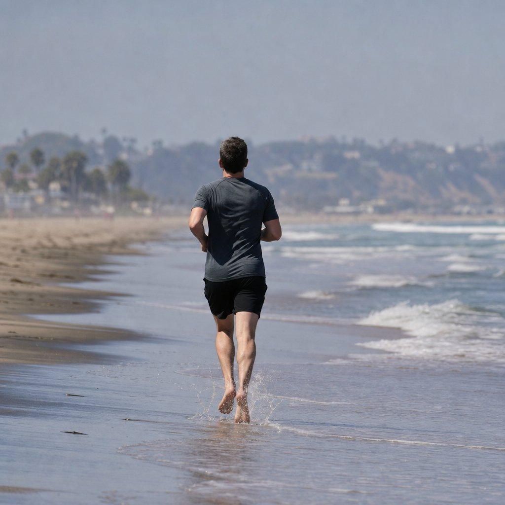 Bare feet running on firm wet sand at the shoreline with a little water splashing, from behind