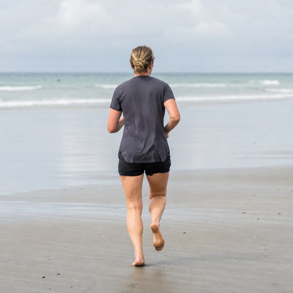 An adult running barefoot on firm flat sand at the edge of a calm beach