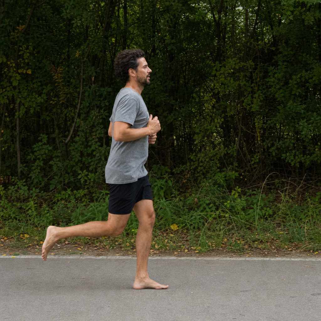 A person running barefoot at an easy relaxed pace on a quiet smooth path