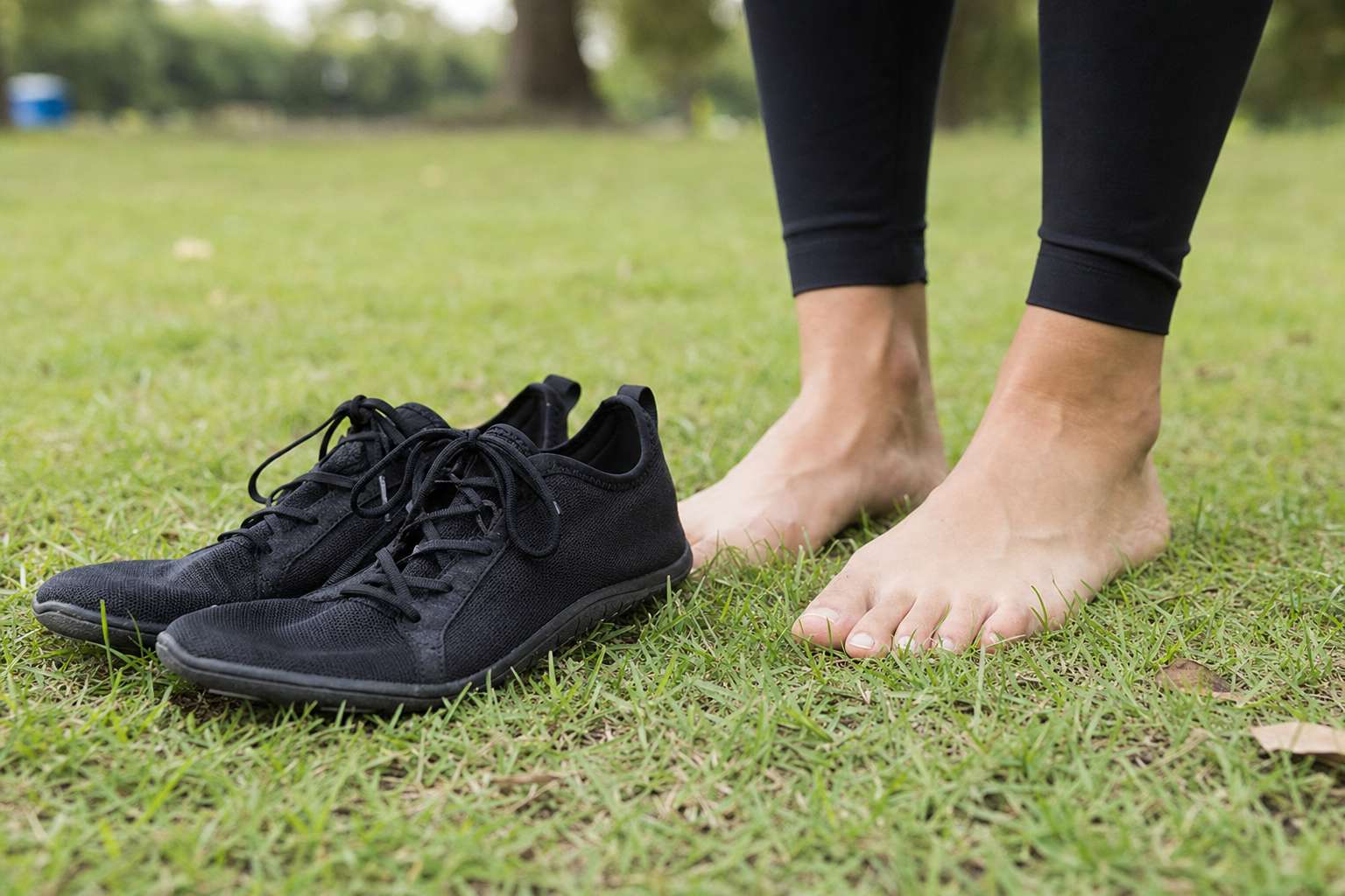 Thin flexible minimalist barefoot shoes resting on grass next to a person's bare feet
