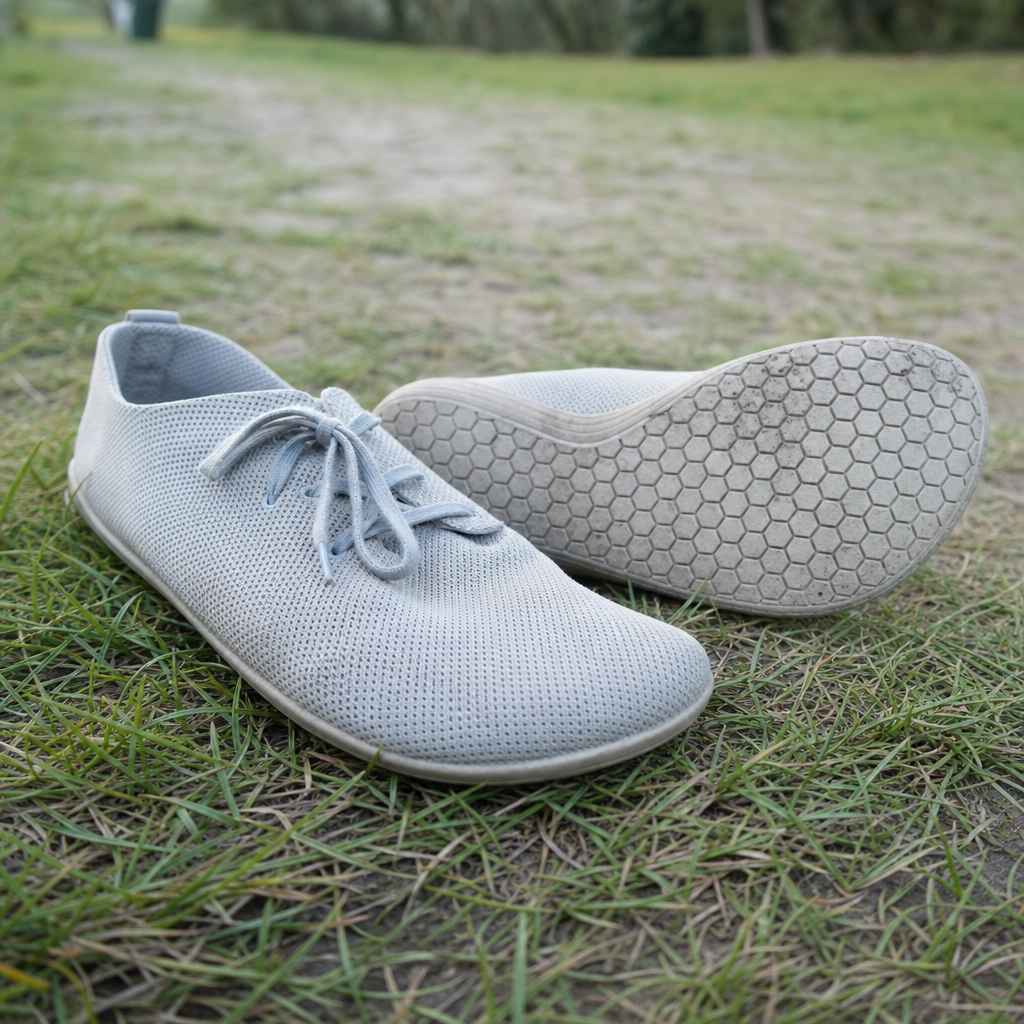 Close detail of minimalist barefoot shoes on a grassy path showing the thin flexible sole