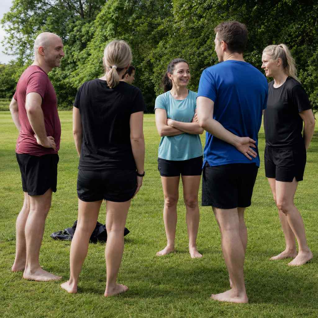 A casual group of barefoot runners gathered on the grass before an easy run