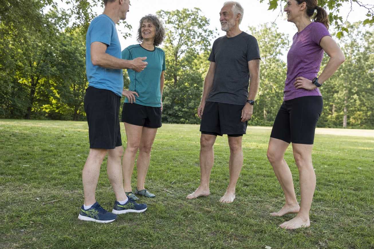 A group of runners getting ready, some in running shoes, some in barefoot shoes, some barefoot