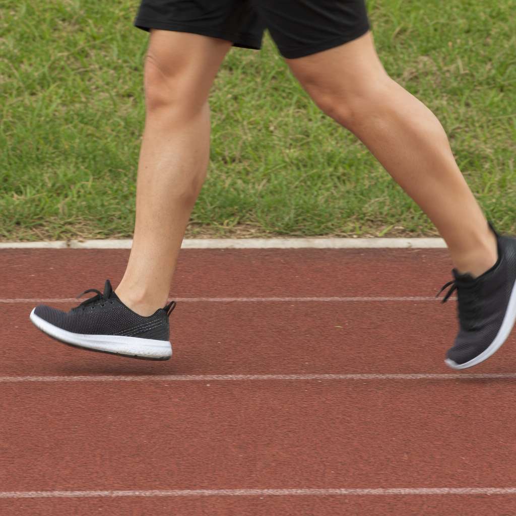 Lower legs and feet landing on the forefoot on a smooth running track