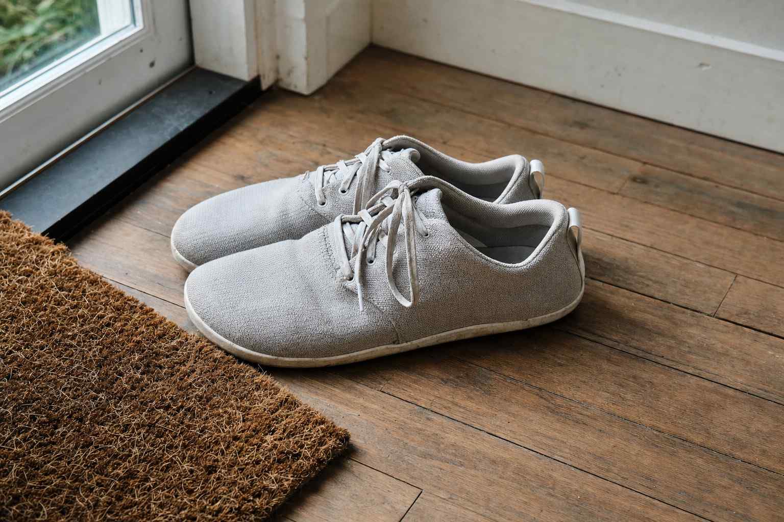 A pair of plain minimalist running shoes resting on a wooden floor near a doorway