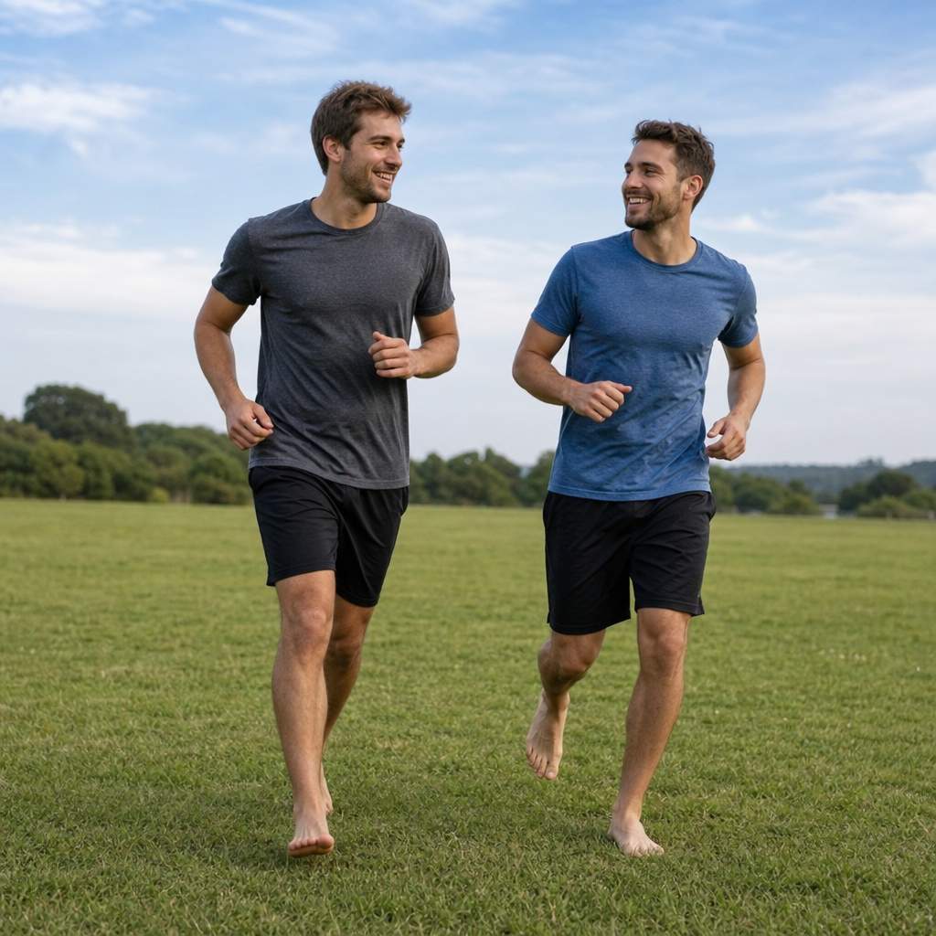 Two friends running barefoot together on a grassy field