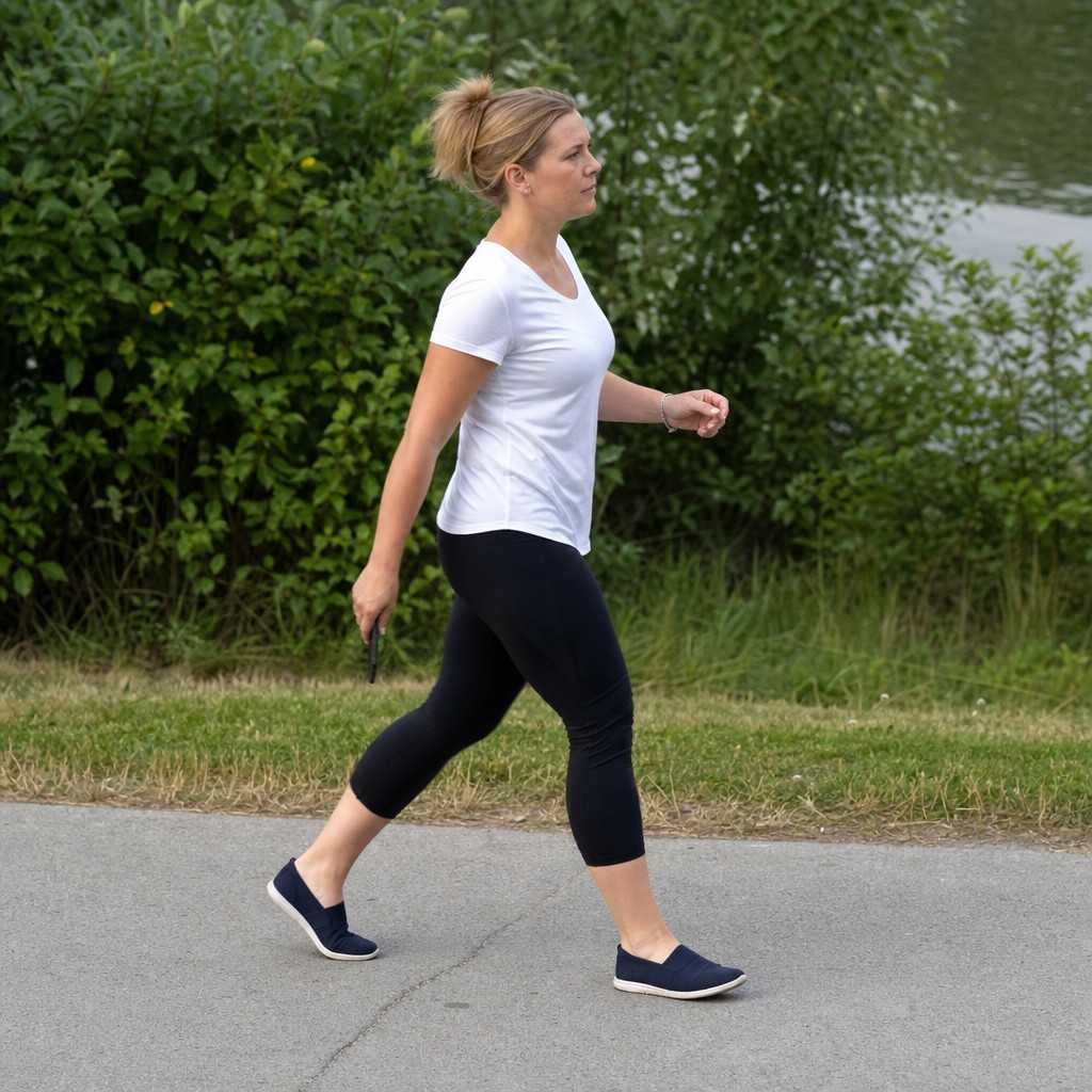 A person walking on a smooth paved path in flat minimalist shoes, low side angle