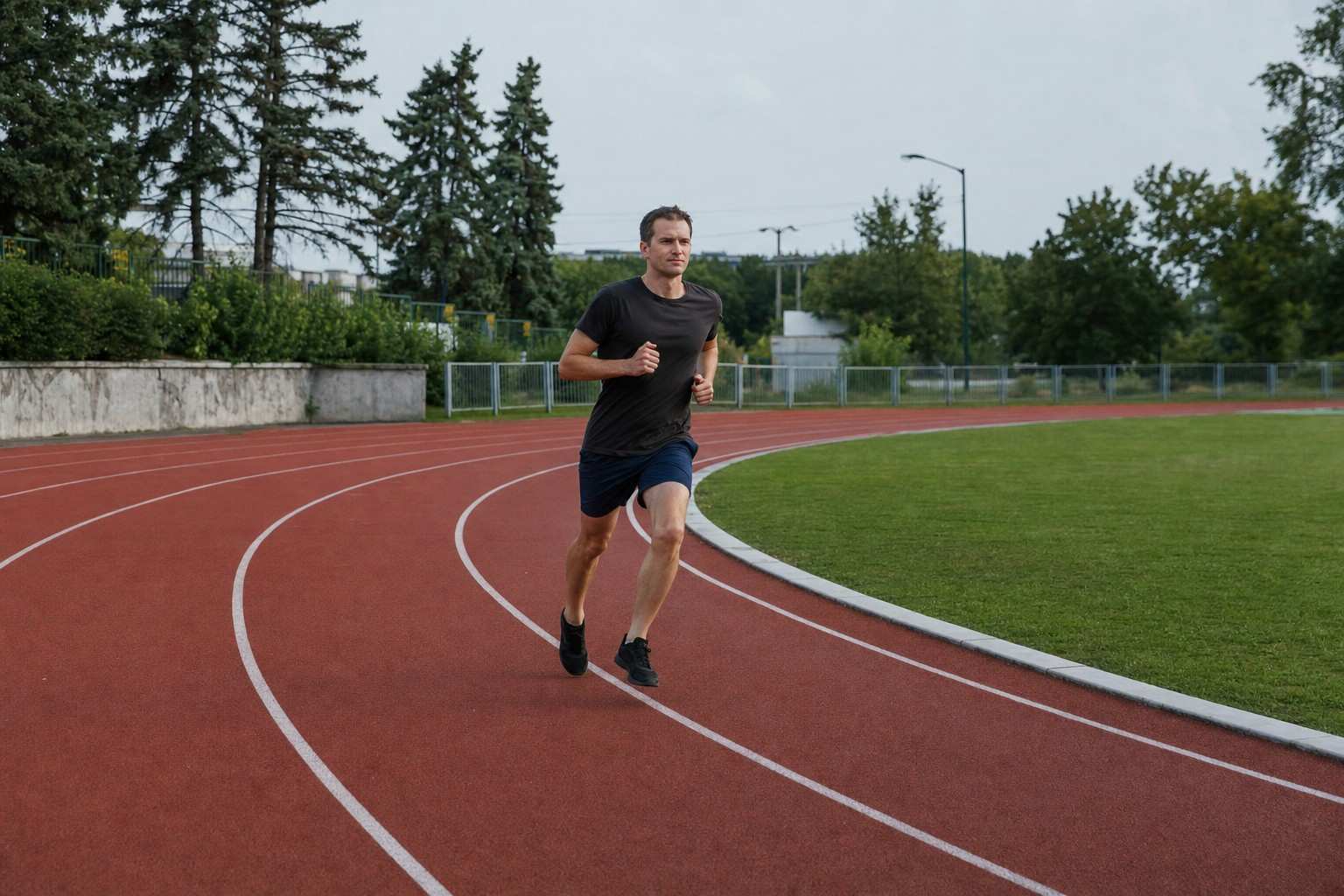 A runner mid-stride on an outdoor running track, wide three-quarter view