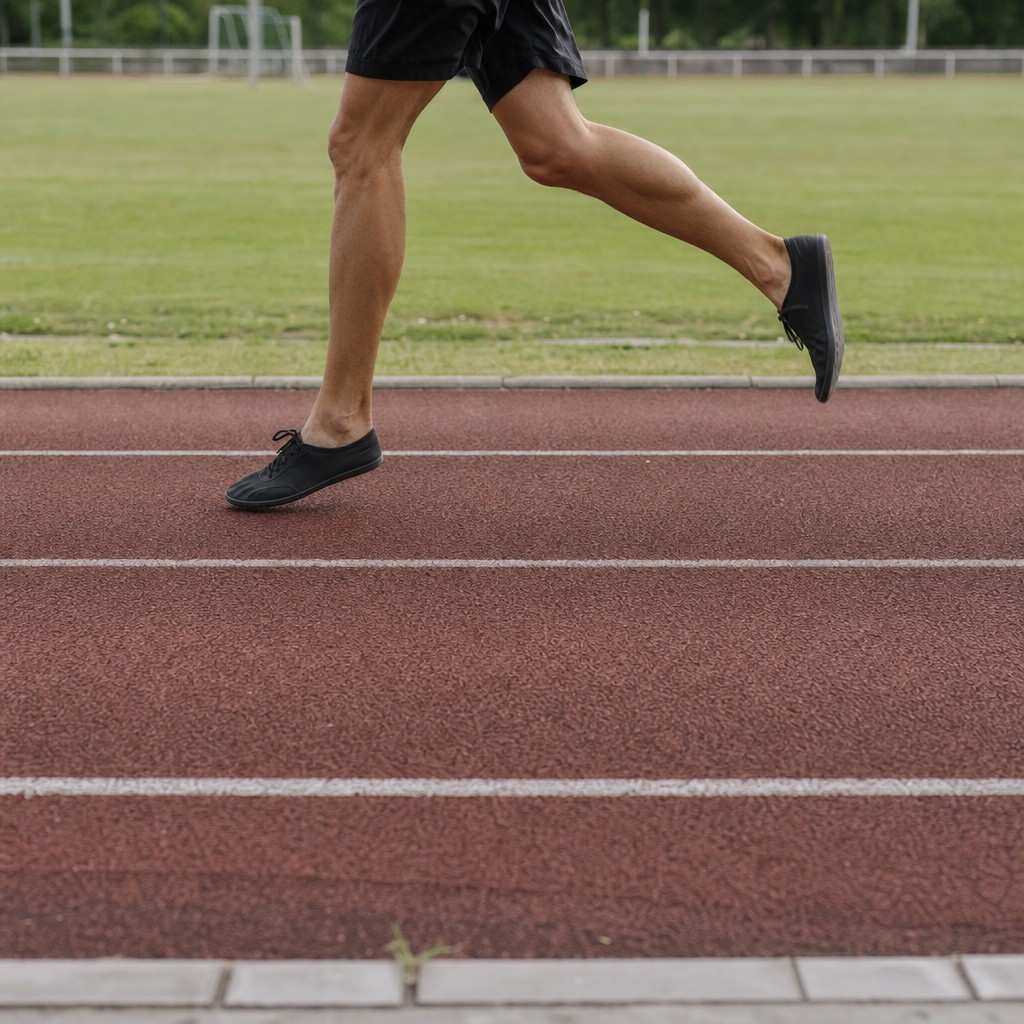Side view of a runner's lower legs mid-stride on a running track, calf and heel visible